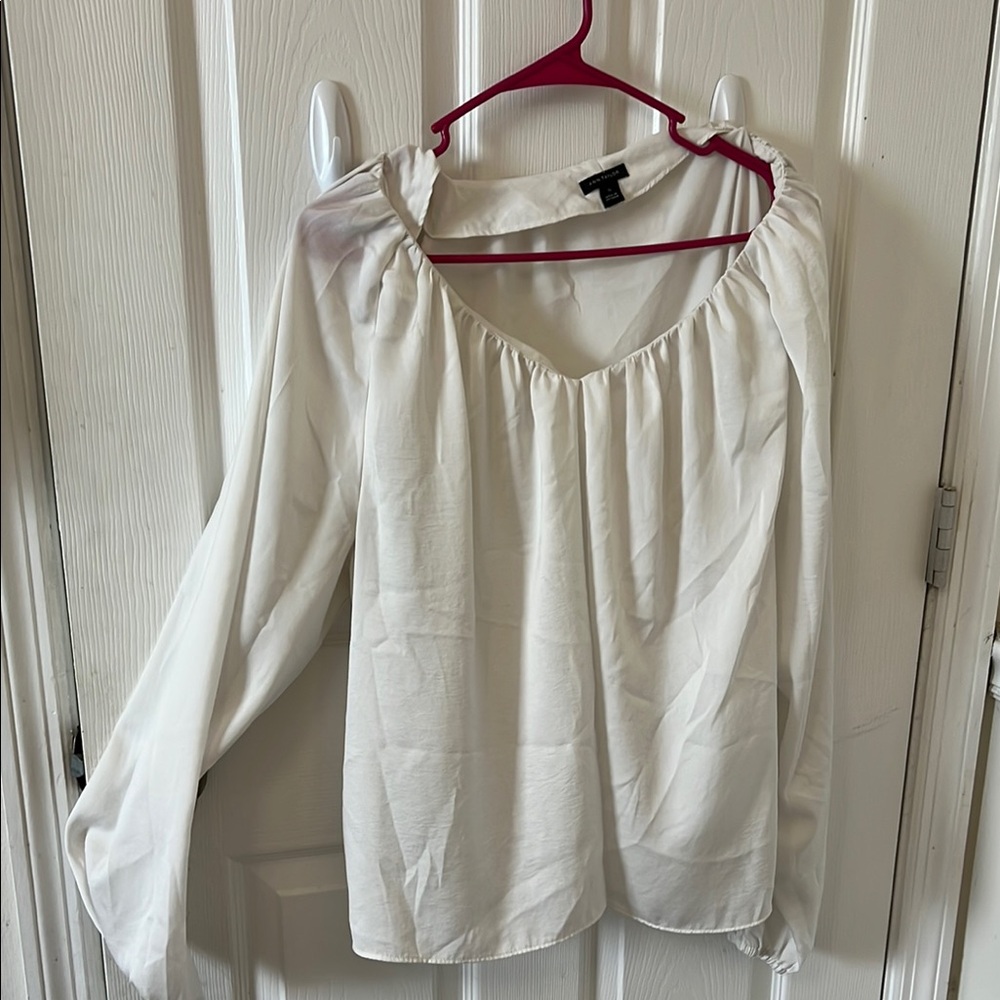 Ann Taylor Cream Smocked Long Sleeve Blouse